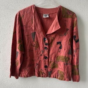 Vintage Tom Tom Linen Medium Top Button Up Quirky Artsy Boxy‎ Long Sleeve Retro